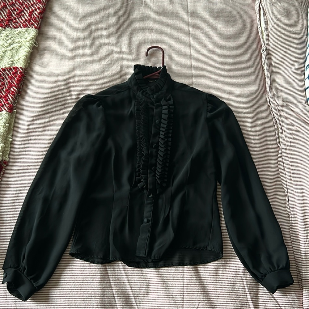 Black sheer 70s style ruffle blouse